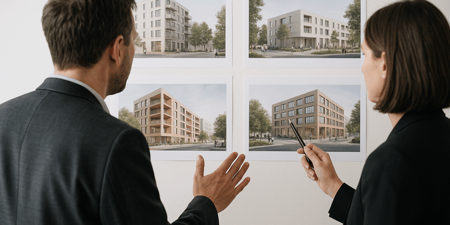 Wettbewerbsverfahren Zwei Personen betrachten und diskutieren mehrere Architektur-Renderings an einer Wand; die Szene zeigt einen fachlichen Austausch ohne sichtbare Gesichter, typisch für Wettbewerbsverfahren.